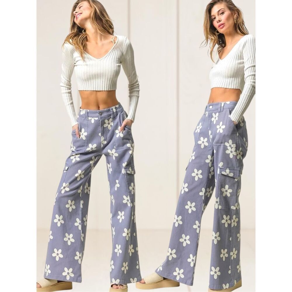 BiBi Dusty Lavender Floral Wide Leg Cargo Pants Daisy Print Boho Festival NWT - Picture 7 of 12